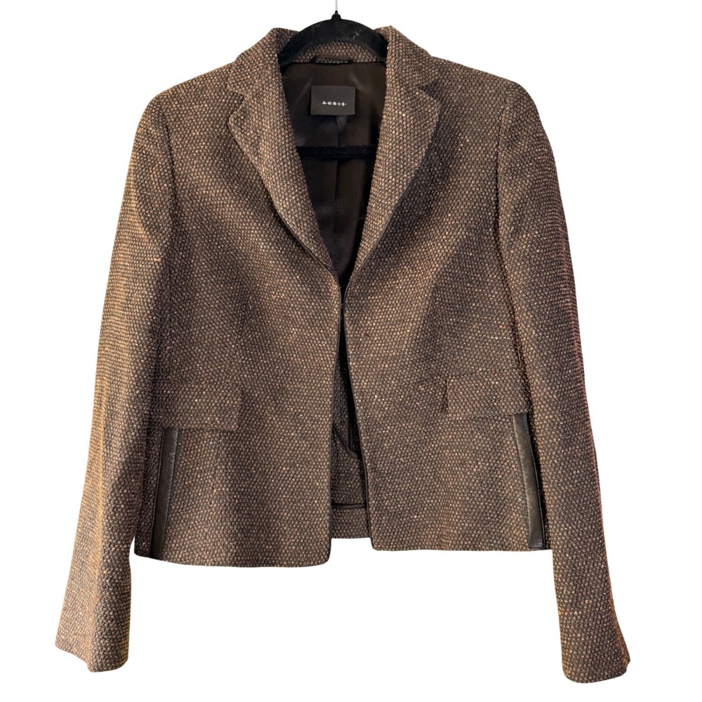 Akris Blazer Jacket Brown Textured Wool Silk Leather Trim Tailored Luxury